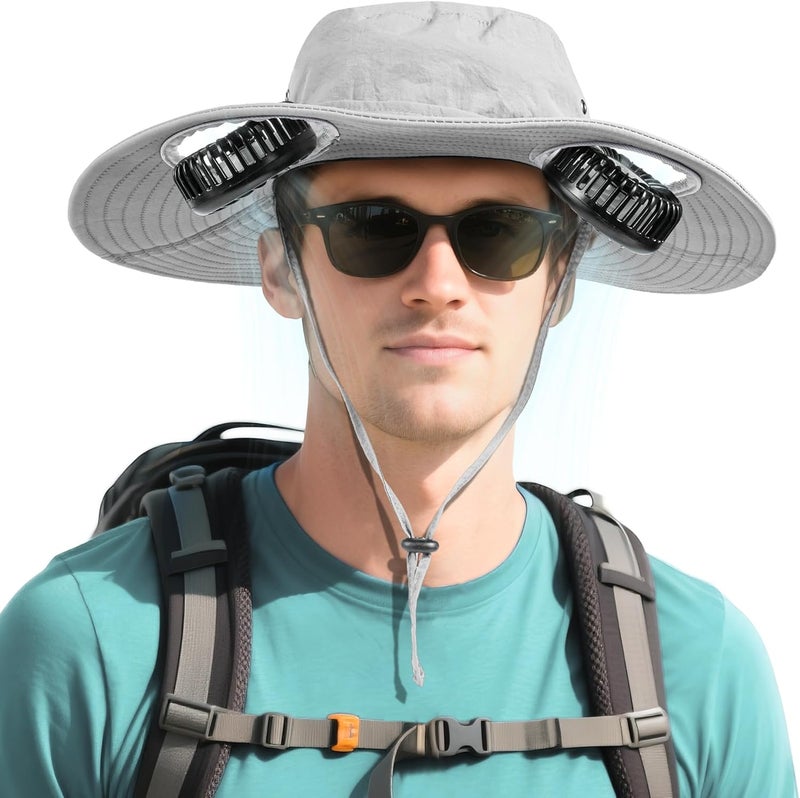 AMACOOL 2-in-1 Hands-free Hat Fan with Detachable Neck Fan, UPF 50+ Wide Brim Sun Hat, 3-Speed Adjustable, 2600mAh Rechargeable Fishing Essentials for Men Women Camping Travel Delivery Outdoor-Grey - Image 1